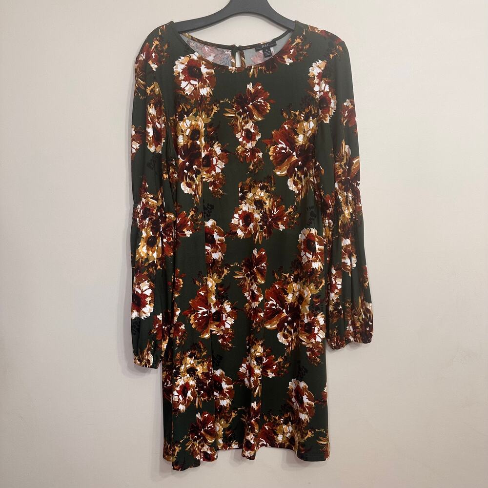 R&K Floral Dress Size 10 Olive Green Fall Long Sleeve Fit Flare